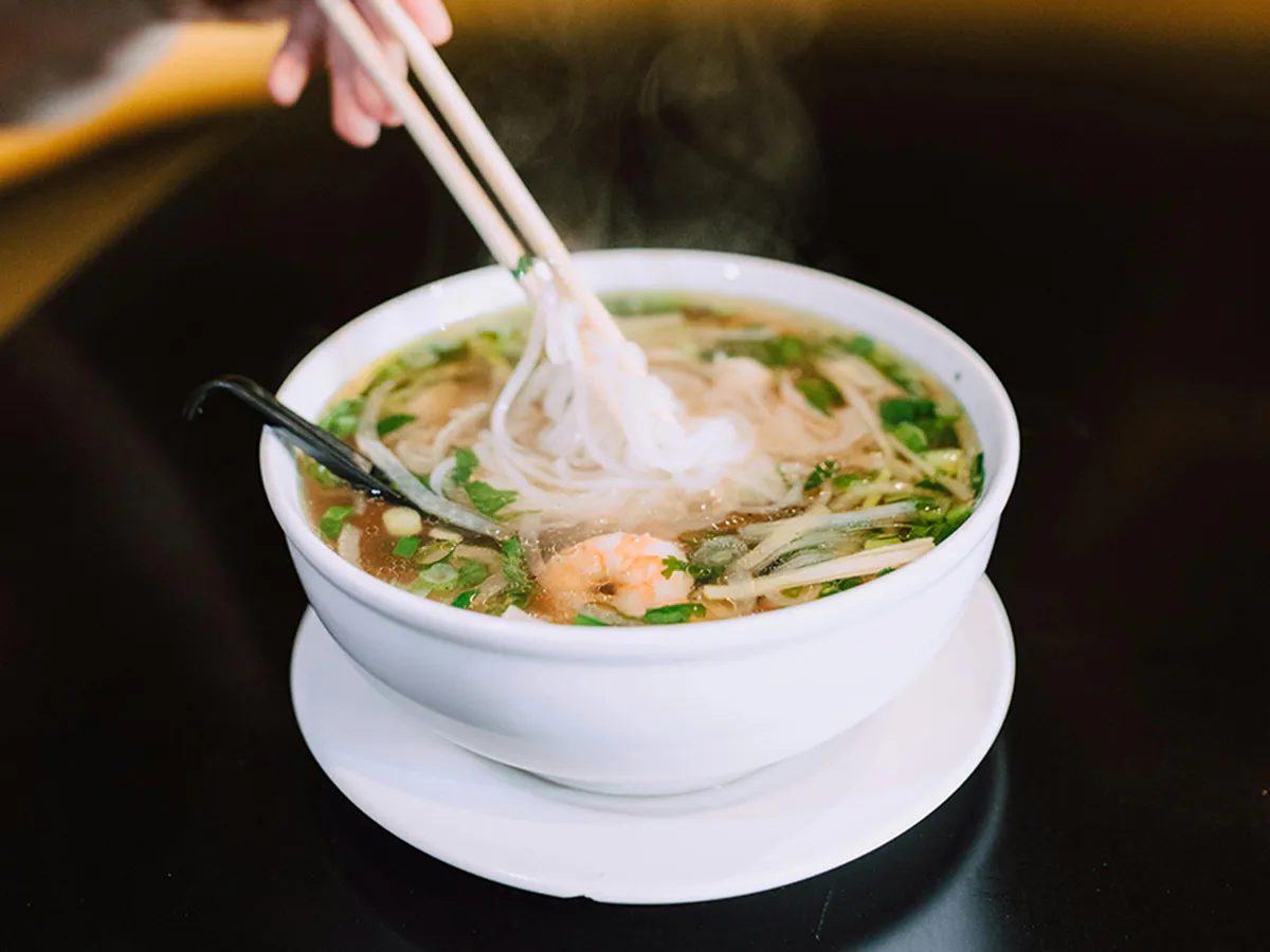 Steamy shrimp rice noodle soup with fresh herbs and green onions at Endless Art And Food, an Asian Fushion Restaurant in Catskill